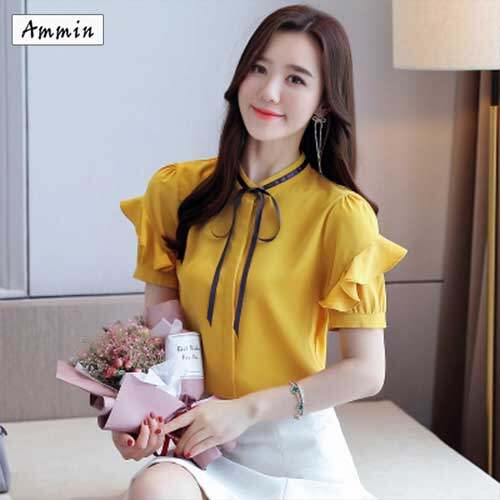 Áo Sơ Mi Nữ AMMIN, Chất Liệu Voan, Tay Ngắn, Phong Cách Nước Ngoài, Viền Ren, Xù Lông, Thời Trang Công Sở