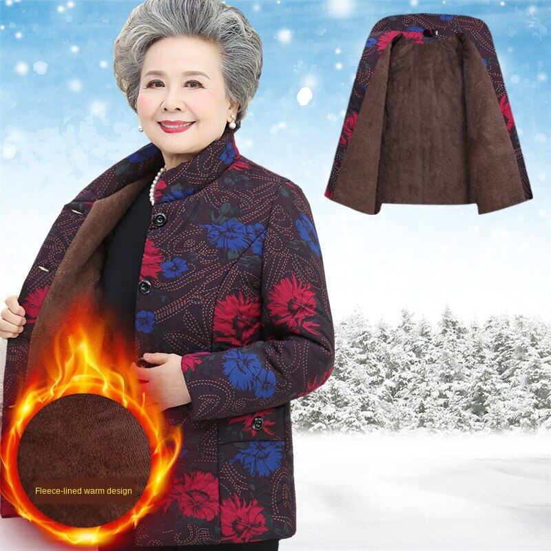 Váy Bà Mùa Đông Quần Áo Cotton 60 Tuổi 70 Mẹ Cộng Với Áo Khoác Nhung Ông Già Quần Áo Vợ Vải Thô Phụ Nữ Trung Niên Quần Áo