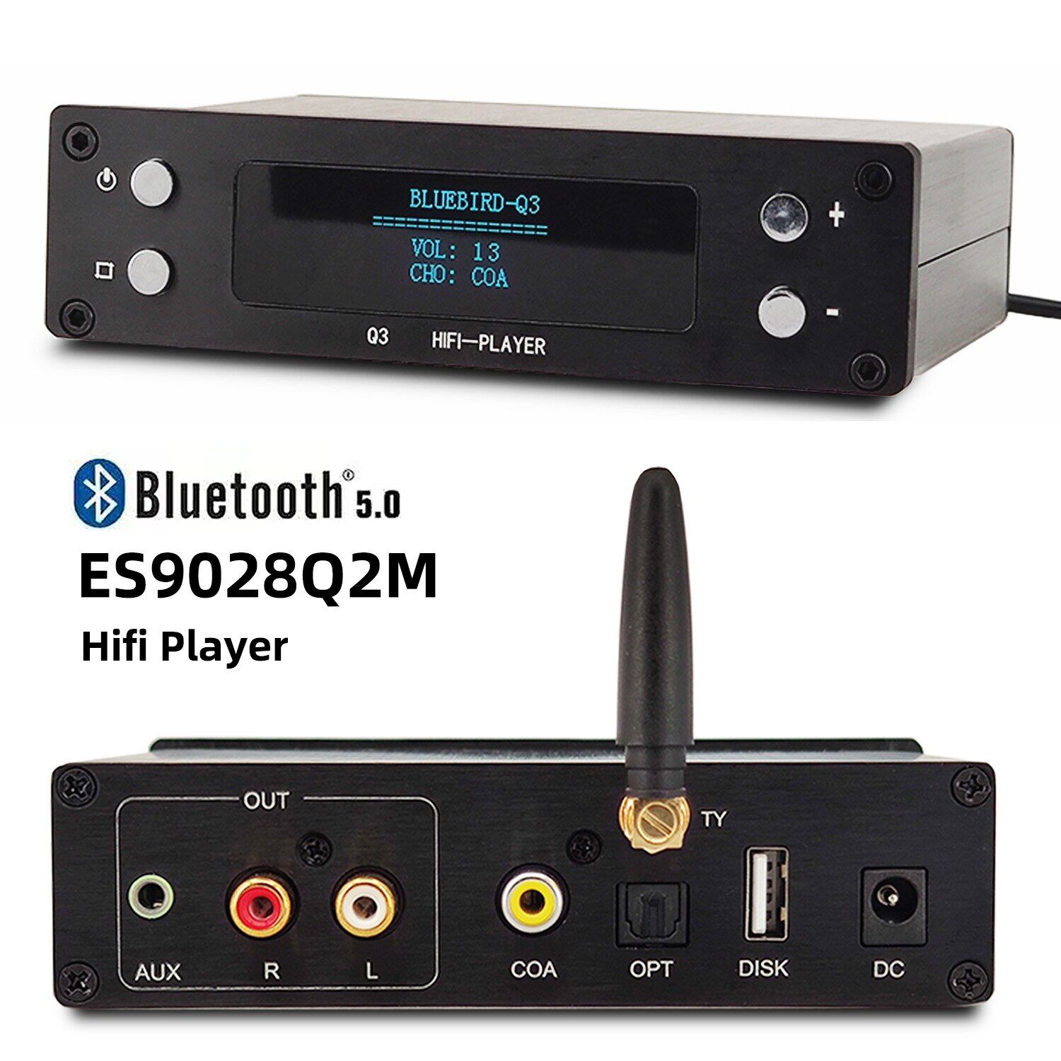  Q3 Bluetooth 5.0 HIFI Lossless U Disk Music Player ES9028 Decoding 24Bit 192k USB DAC Supports APP Coaxial COA OPT Fiber Input 
