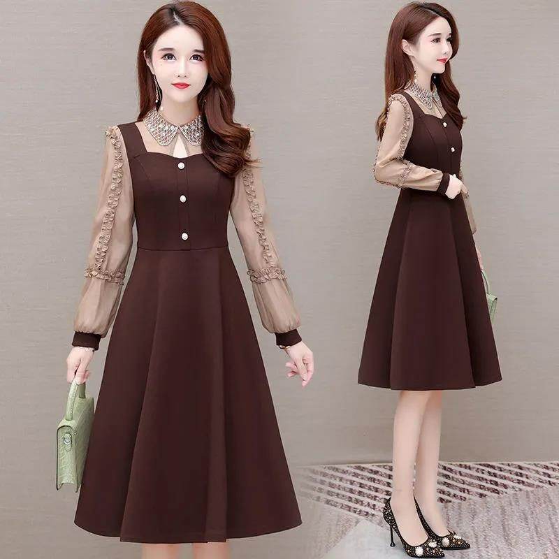 Váy cổ búp bê mùa xuân mới váy chữ a mỏng cạp nhỏ cạp cao cho nữ