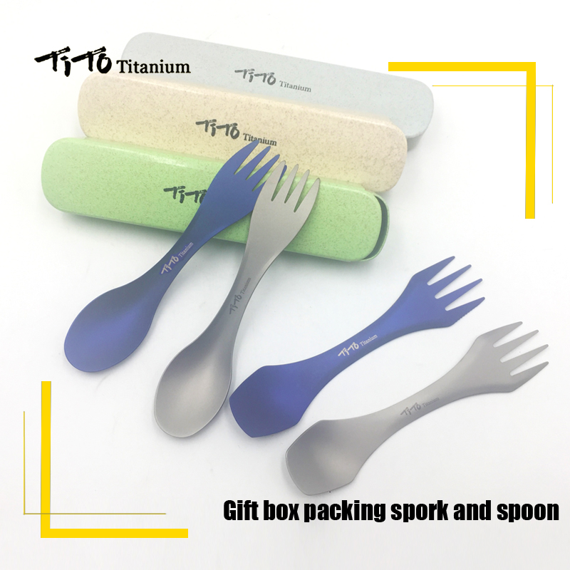 TiTo Outdoor Camping Picnic titanium Spoon Tableware titanium Fork box package Ultralight pure titanium Spork for gift ราคา 229 บาท*ส่งฟรี