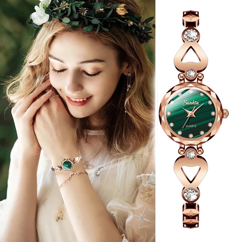 Sunkta Đồng Hồ Nữ thời trang mới Gương kim cương Vàng hồng Vonfram Thép
