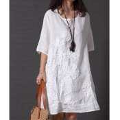 HangQiao Women's Casual Embroidered Cotton T-Shirt Dress, Plus Size