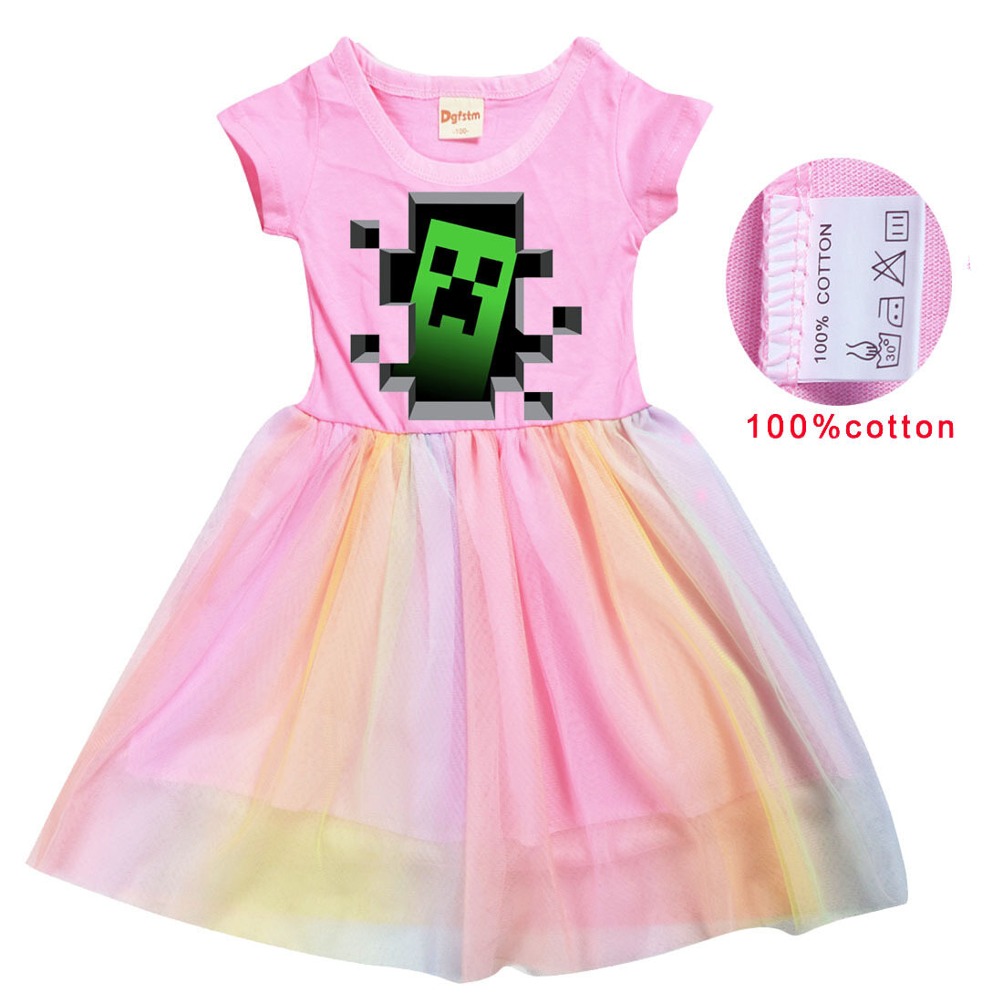 Mine-crafts Girls Rainbow Gauze Dress Kids Game Character Creeper Flounced Dress 8228 Short Sleeve Pure Cotton Mesh Dress