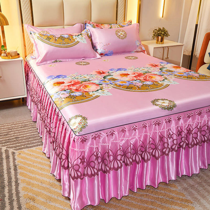Ga trải giường in hoa siêu mềm 3in1 ga trải giường cỡ queen king bằng lụa lạnh ga trải giường 4/5/6 feet + 2 vỏ gối
