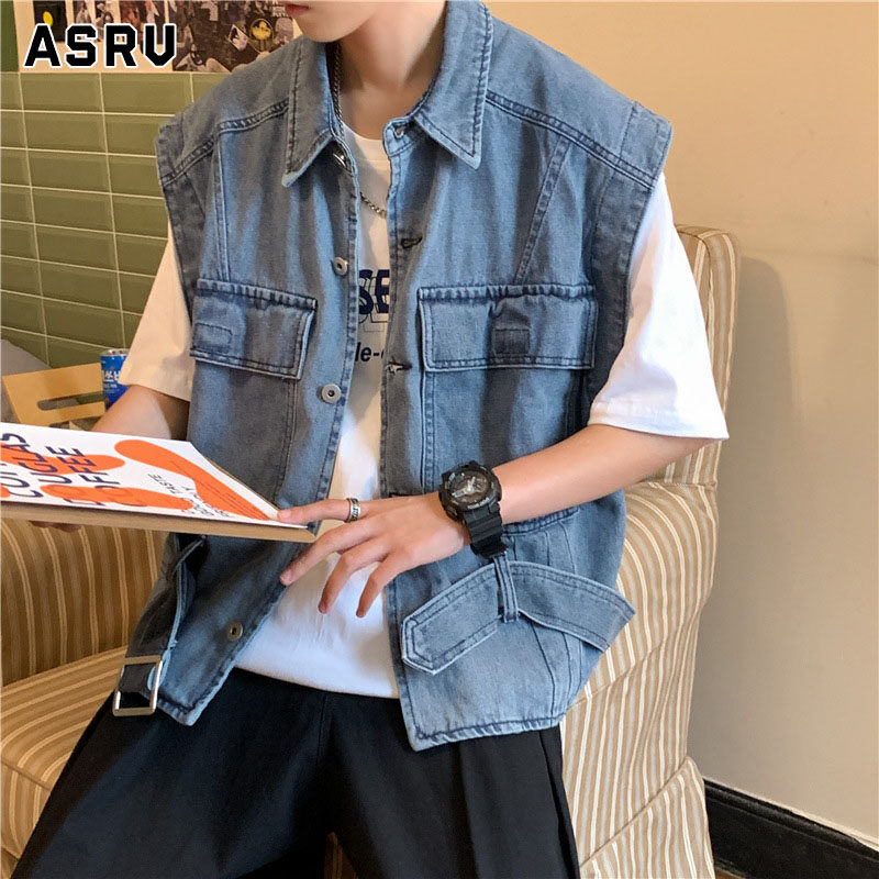 ASRV Áo Vest Denim Mới Áo Khoác Ngắn Denim Không Tay Dáng Rộng Cá Tính Thời Trang Cho Nam