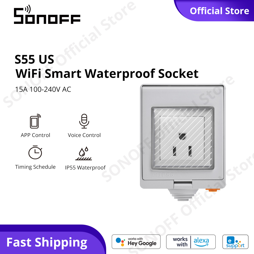 SONOFF S55 US Ổ cắm chống nước thông minh WiFi Ổ cắm tường thông minh ngoài trời Ổ cắm 15A loại B eWeLink APP Điều khiển hẹn giờ thông minh Alexa Google Home Điều khiển bằng giọng nói Ổ cắm nhà thông minh