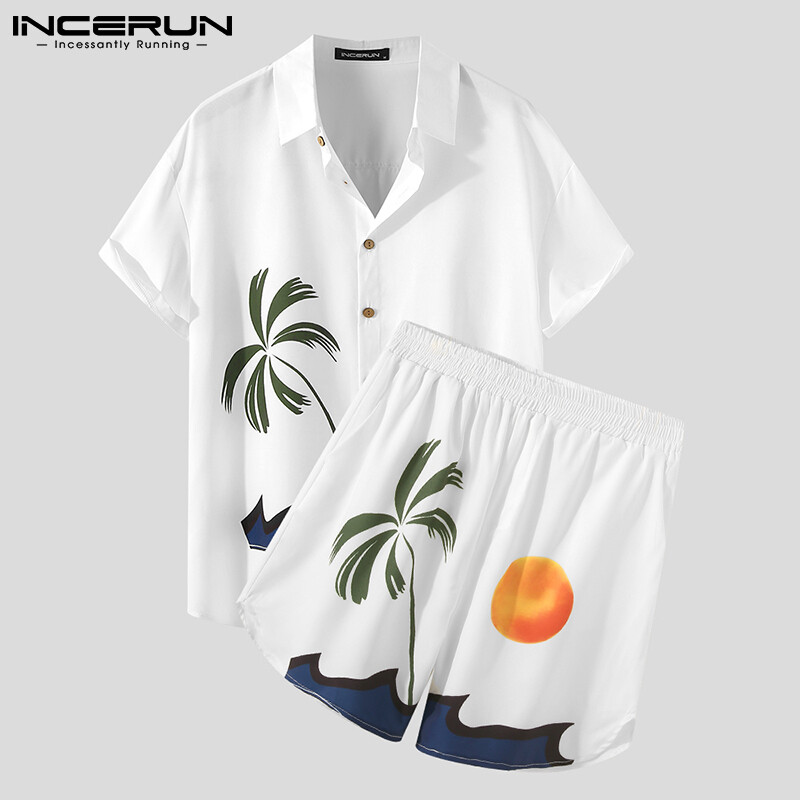 (Phong Cách Phương Tây) INCERUN Bộ Đồ Nam In Hoa Ngắn Tay Hawaii, Casual Loose Đồ Bơi Pajama