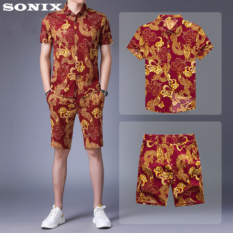 SONIXชุดสูทผู้ชายฤดูร้อน/แขนสั้น/กางเกงขาสั้นพิมพ์เสื้อหลวมขนาดใหญ่ชุดลำลองสำหรับบุรุษสองชิ้น