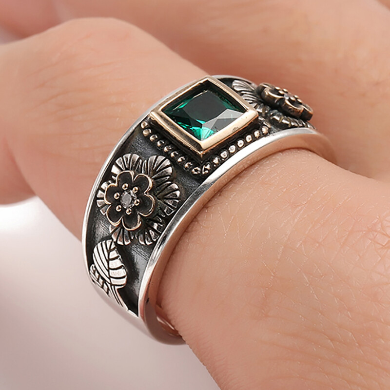 Lkyou Vòng Hoa Phong Cách Gothic Mới Nhẫn Đá Quý Zircon Màu Xanh Lá Cây, Phụ Kiện Trang Sức Thường Ngày Cho Nam Hoài Cổ