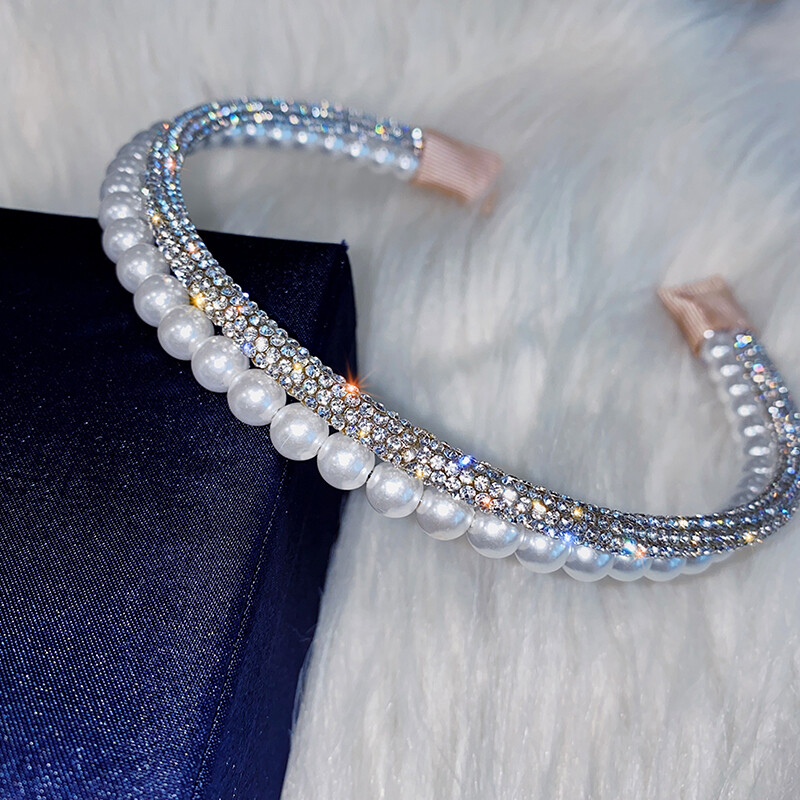 1 Băng Đô Ngọc Trai Kim Cương Giả Hai Lớp Băng Đô Sáng Bóng, Phụ Kiện Tóc Cổ Điển Đơn Giản Phong Cách Pháp Cho Nữ Bờm Tóc Thời Trang