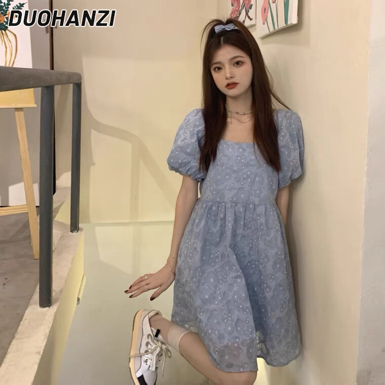 Duohanzi đầm cho nữ đầm tay phồng màu xanh dương mới 2024