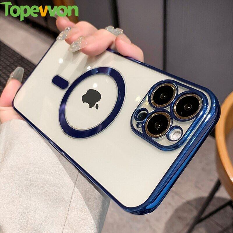 Tocewon cho Apple iPhone 16 15 14 Plus 13 12 11 Pro x XR XS Max vỏ điện thoại vỏ sạc không dây MagSafe trong suốt mạ sang trọng silicon