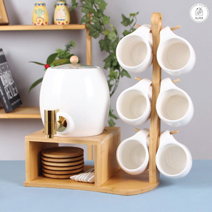 Bộ ấm chum cốc sứ trắng kèm khay gỗ treo phong cách bắc âu 20 món
