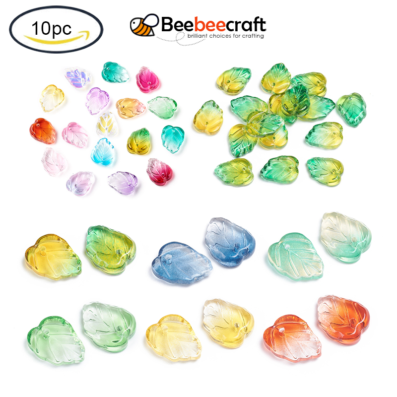 10 pc two-tone transparent glass charms leaf mixed color 13.5x10.5x3.5mm, hole: 1.2mm