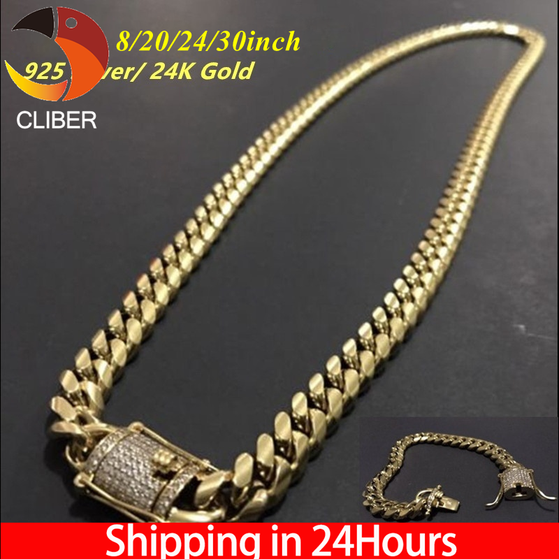 Cliber 1PC The Coolest Mens 10mm width 24K Gold Plated Solid Stainless Steel Chain Iced Diamond Thick Miami Cuban Link Chain Necklace Hip hop Jewelry 8/24/30 Inch