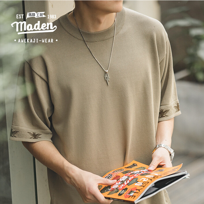 Maden Thương Hiệu Dụng Cụ Phong Cách nam thanh niên Mỹ bằng vải lanh phong cách hoài cổ Dệt Kim Ấn Độ Thunderbird T-Shirt Jacquard Totem Mỏng Chàng Trai tay ngắn