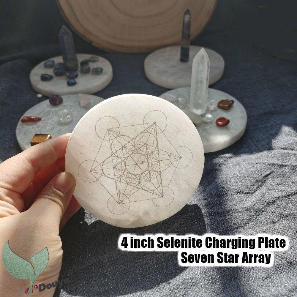 Phiến Đá Selenite Màu Trắng Tự Nhiên Khắc 7 Nhóm Sao Luân Xa, Tấm Sạc Selenite Tròn Vương Miện Chakra Trang Trí Nội Thất Phong Thủy