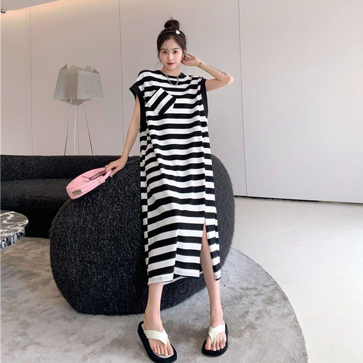 Đầm bầu đầm bầu không tay kẻ sọc thiết kế ngoại cỡ phong cách hàn quốc đầm bầu đầm thun mỏng thịt tây tạng dáng rộng mùa hè cho bà bầu bông