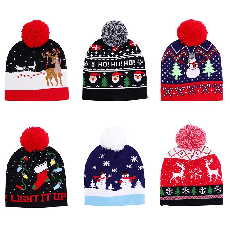 {hot} Christmas Cartoon Patteren Knitted Beanie Unisex Snowflake Santa Elk Pom Pom Knitted Hat Christmas Gift Winter Warm Hat