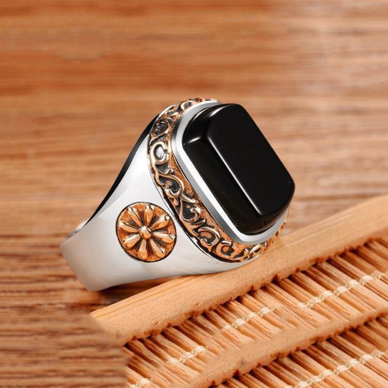 Nhẫn Nam Cổ Điển Lkyou Nhẫn Bạc Họa Tiết Hoa Vàng Zircon Đen, Trang Sức Thời Trang Dự Tiệc