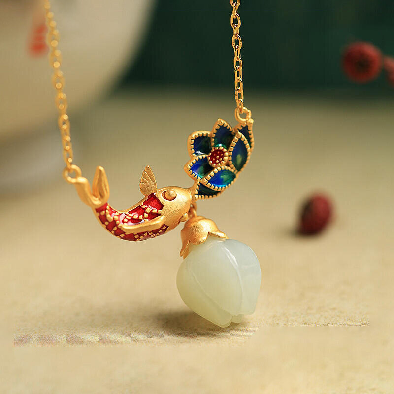 S925 Hetian Jade Lotus Red Lucky Fish Pendant Necklaces for Women Jewelry Cute Accessories - UNFADE