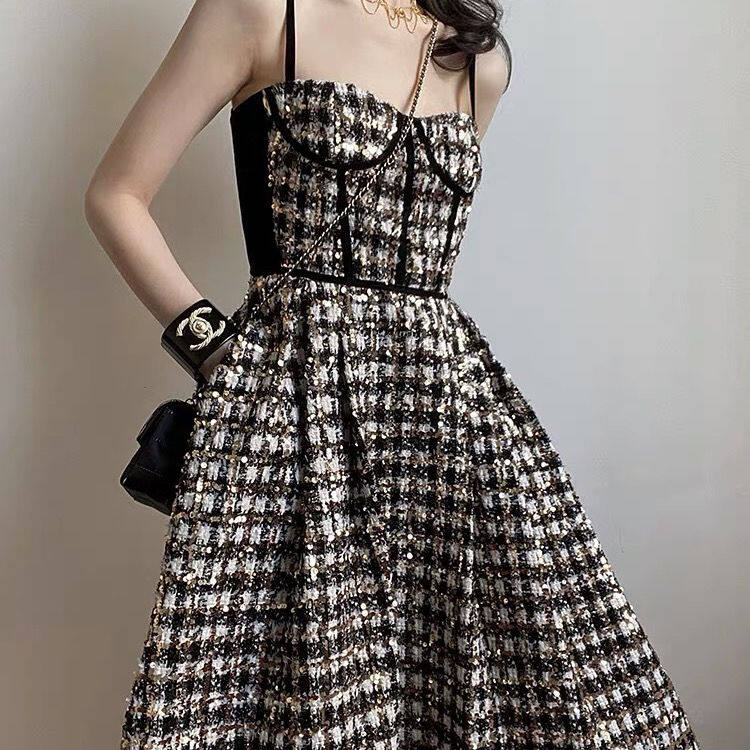 Đầm lụa sáng dây sang trọng nhẹ cho nữ đầm houndstooth đầm dây đầm dáng rộng cho nữ
