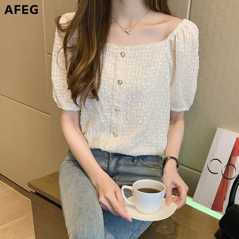 Áo Kiểu Nữ AFEG, Tay Ngắn, Cổ Vuông, Phong Cách Cổ Điển, Dễ Thương, Thời Trang Hè