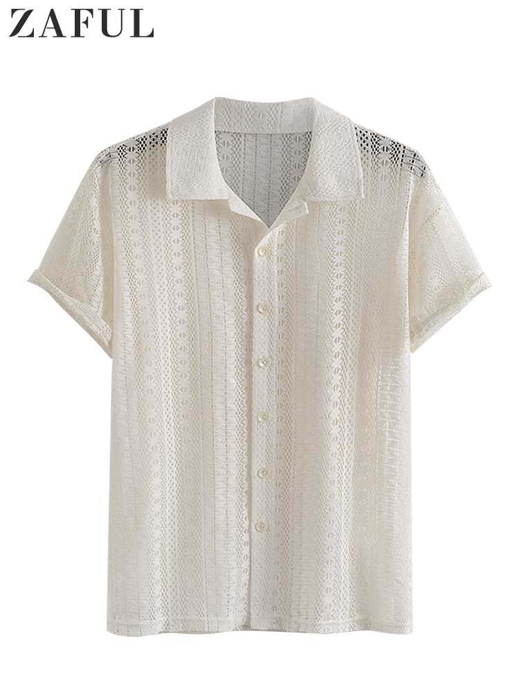 Zaful cotton Sheer openwork Áo sơ mi cho nam Thắt Dây Tay ngắn trong suốt Áo sơ mi mùa hè rắn dạo phố Tops z5083175