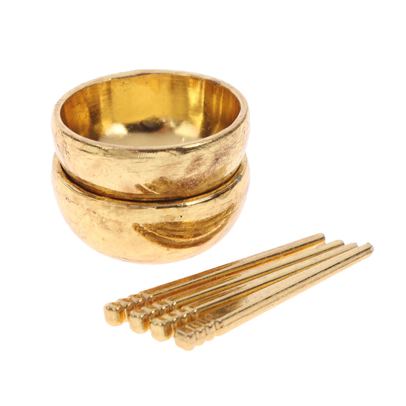 Xingtu 1Set Mini Golden silver Bowls and chopsticks Miniature Dollhouse Accessories