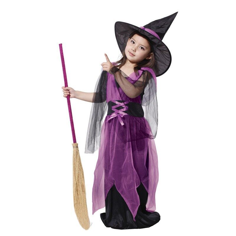 Trẻ em màu tím Cô gái mặc trang phục phù thủy với cosplay Halloween mũ áo choàng