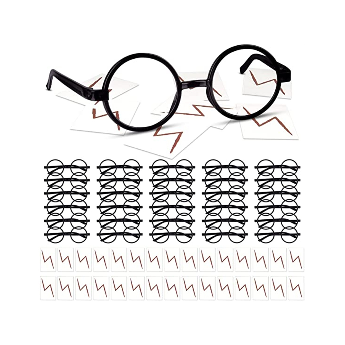 30 PCS Wizard Round Glasses Frame No Lenses Eyeglasses Black with 30 Pieces Bolt Tattoos for Kids Halloween Party