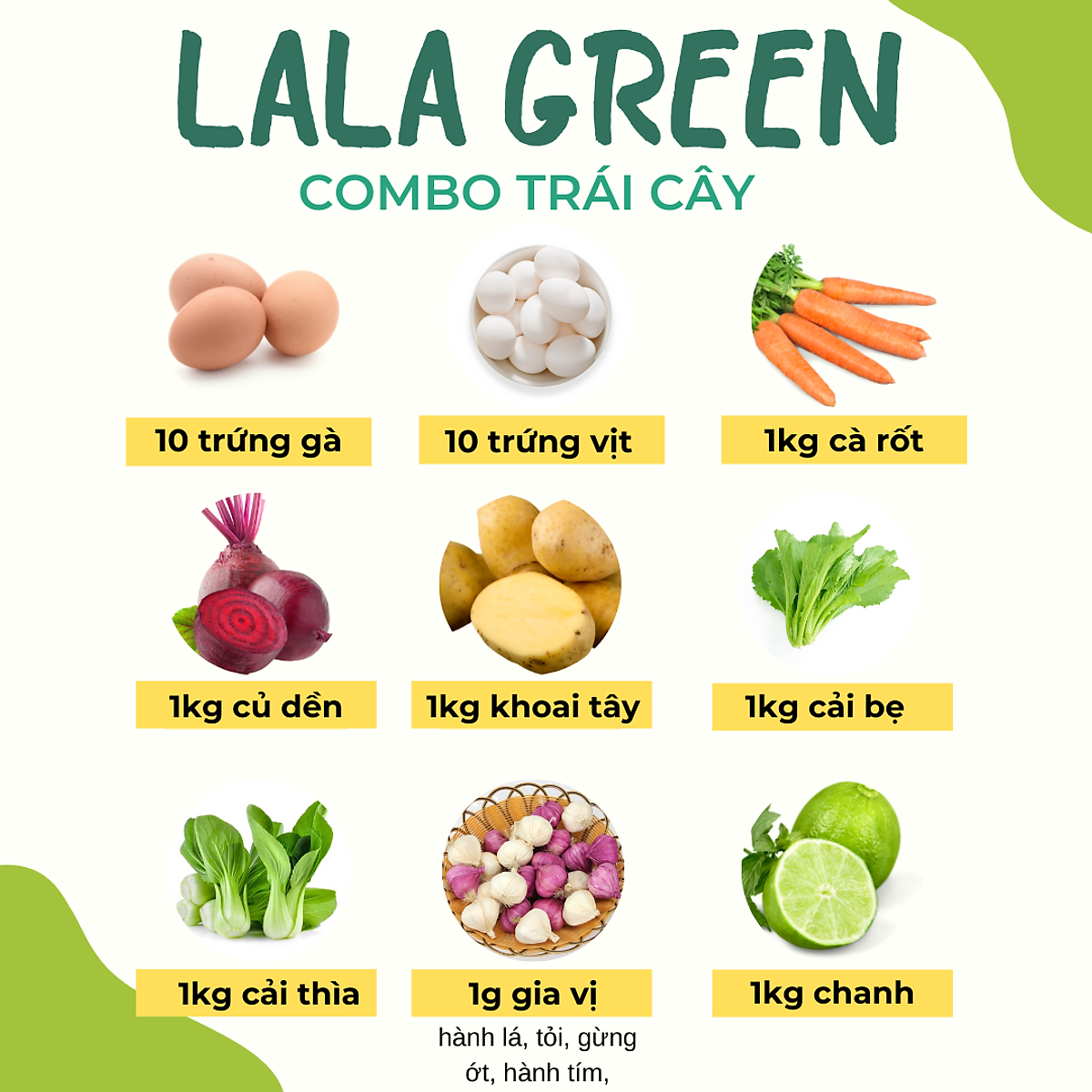 [Chỉ Giao Hcm] Combo Rau Củ 8 Món - 10 Trứng Gà + 10 Trứng Vịt + Cà Rốt + Củ Dền + Khoai Tây + Cải Bẹ + Cải Thìa + Gia Vị + Chanh
