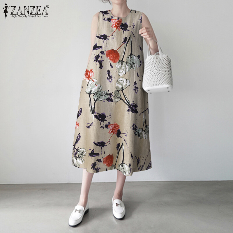 [Miễn Phí Vận Chuyển] ZANZEA Đầm Nữ Dáng Chữ A Thanh Lịch Đầm Midi In Đi Biển Dự Tiệc Rộng Cổ Tròn