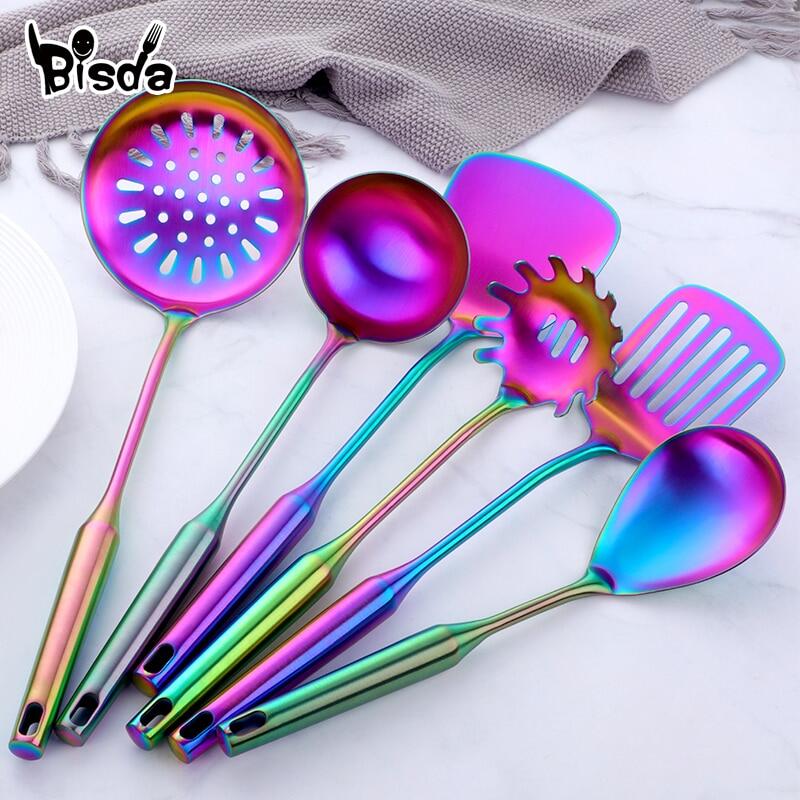 [Hot K] 1pc Rainbow Kitchen Tool Stainless Cooking Server Long Handle Kitchenware Matt Spatula Slotted Turner Steel Kitchen Accessories