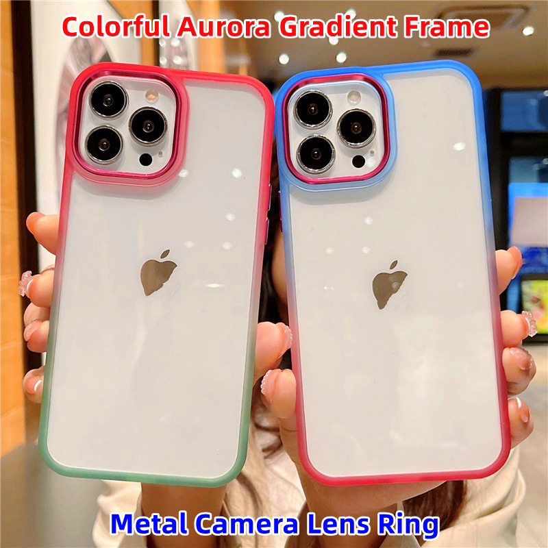 Cực quang sang trọng gradient khung ống kính kim loại vòng ốp điện thoại cho iphone 15 pro max 14 pro 14 cộng với 13 pro 12 11 pro max hợp kim nút acrylic chống sốc bìa