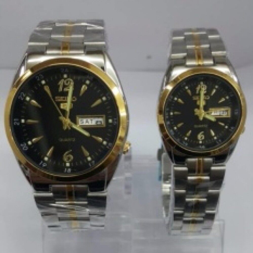 S E I K O Couple Watch silver Gold bracelet Black Dial