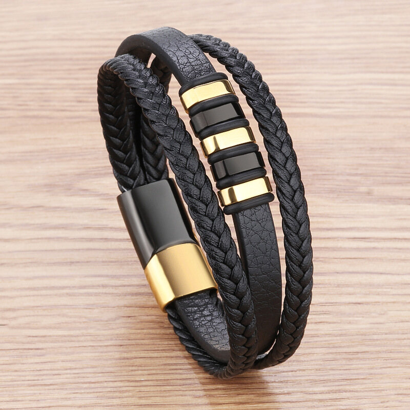 Wgk Fashion Vòng Đeo Tay Bằng Da Nam Bằng Thép Không Gỉ Vòng Đeo Tay Dây Bện Da Da Thật Nhiều Lớp Trang Sức Nam