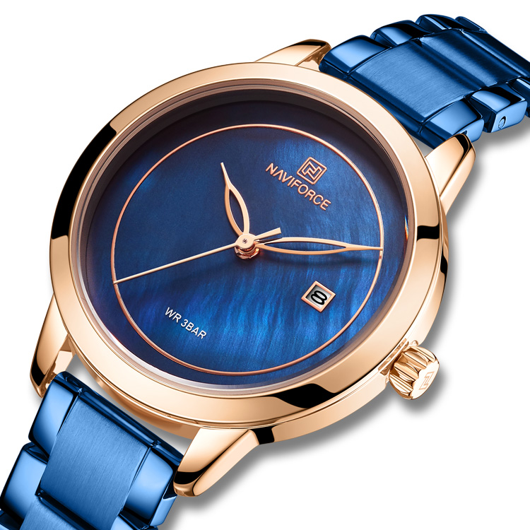 naviforce casual women wrist watch rose gold blue ladies only stainless steel versatile workplacev shell circular shape fashion nf5008