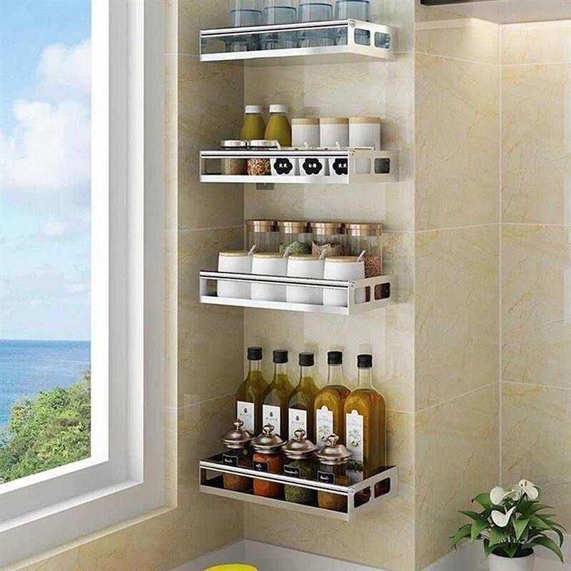 Kitchen Stainless Steel Wall-Mounted Spice Rack Shelf Kitchen Bathroom