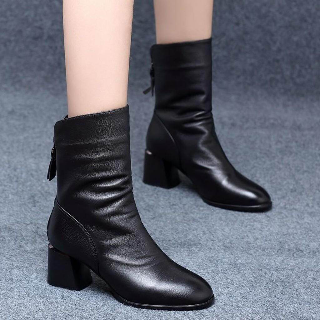 Đôi Boots da gót vuông có khóa kéo phía sau, chiều dài ống:15cm/5.90'' phong cách năng động cho nữ