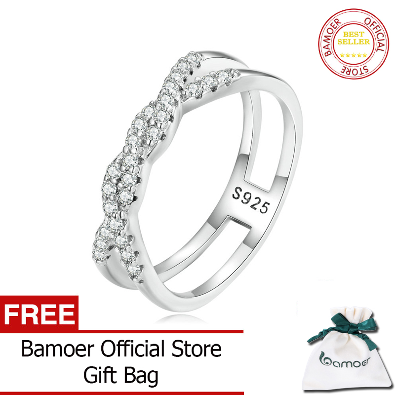 Bamoer nhẫn đeo tay hai lớp xoắn đan xen bằng bạc ý 925 đính đá cz cho nữ trang sức tinh xảo sáng bóng bsr327