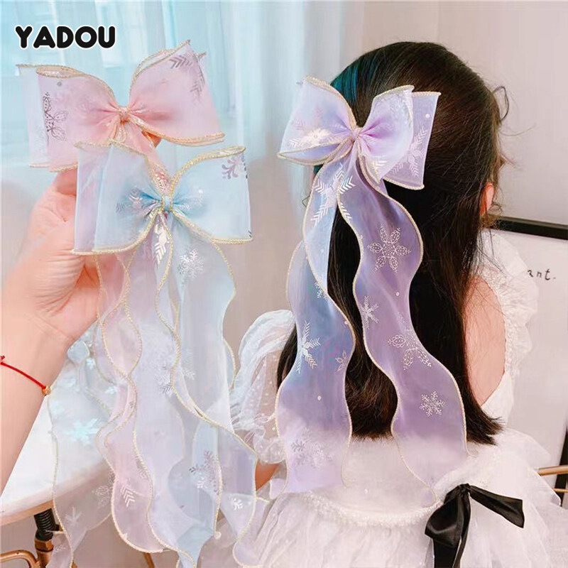 YADOU Girls Hairpin Ice Princess Headdress Big Bow Long Ribbon Braided