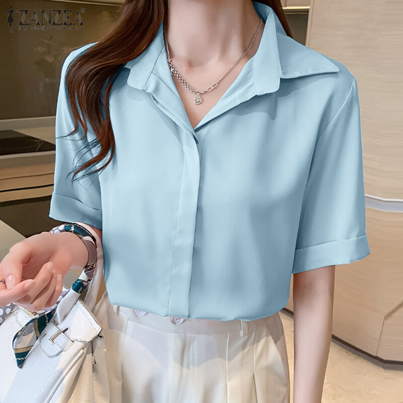 Zanzea áo sơ mi cài khuy tay ngắn cho nữ áo đi biển kỳ nghỉ thường ngày ve áo trơn #11
