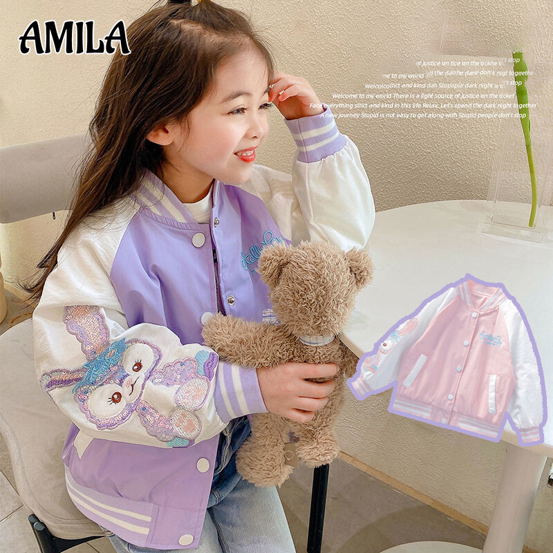  AMILA Áo Khoác Đồng Phục Bóng Chày Cho Bé Gái Đồng Phục Bóng Chày Hoạt Hình Xu Hướng Áo Khoác Bé Gái Áo Dài Tay 