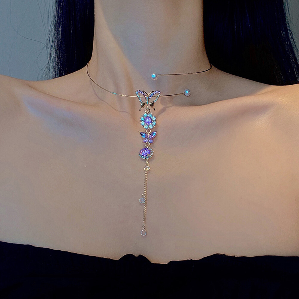 Choker Tassel Màu Tím Pha Lê Hình Bướm Hoa Trang Sức Ngọc Trai Rhinestone Phong Cách Thời Trang Nữ