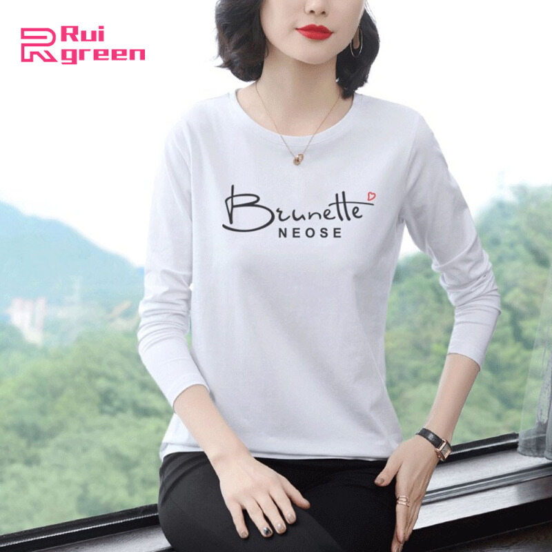 Rui xanh áo thun nữ in chữ cổ tròn tay dài chui đầu top plus kích thước cổ đáy áo sơ mi