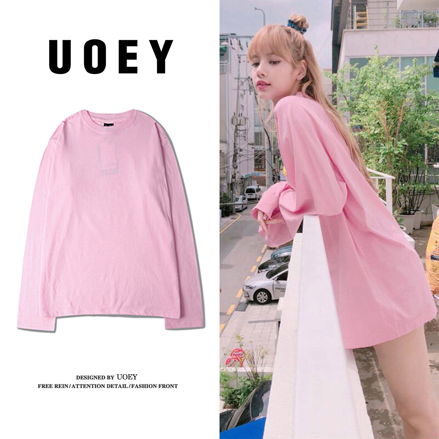Áo Thun UOEY Kpop Hàn Quốc BLACKPINK Lisa Cùng Áo Thun Dài Tay Màu Hồng Áo Hoodie Rộng Cho Nữ Áo Thun Cổ Tròn Ngọt Ngào Trong Phần Dài Áo Nỉ Bé Gái