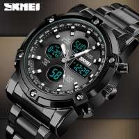 SKMEI Mens Brand Watch Stainless Steel Quartz Clock Multi-Time Zone LED Electronic Analog Digital Mens Watch Military Outdoor Leisure Sports Waterproof Mens Watch