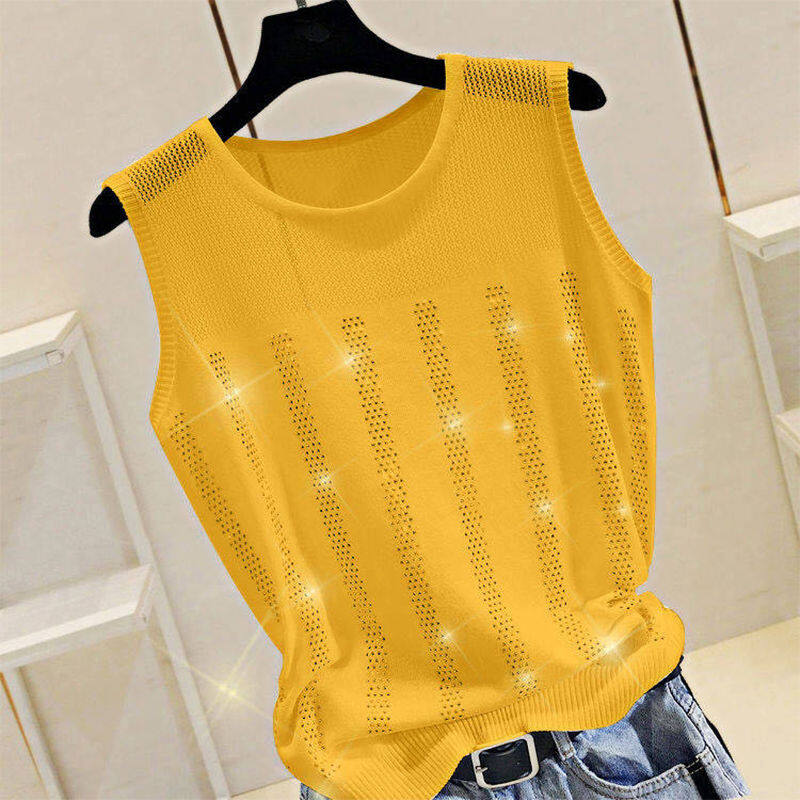 Loose Fitting Women's Summer Versatile Sleeveless Ice Silk Top with Hot Diamond Vest for Women's